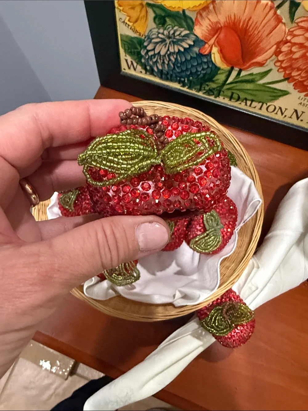 Pier 1 Beaded Rhinestone Red Apple Napkin Rings - Home Accents set of 8